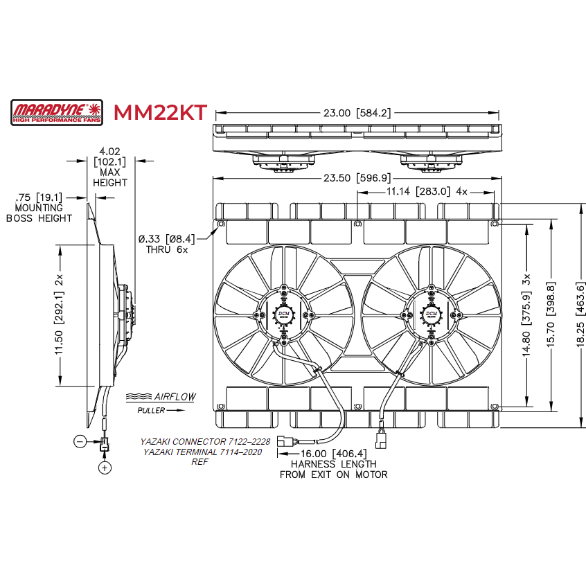 Maradyne Dual Puller Fan w/ Mounting Flanges - 11" - 12V / 225W - 2760 CFM - MM22KT
